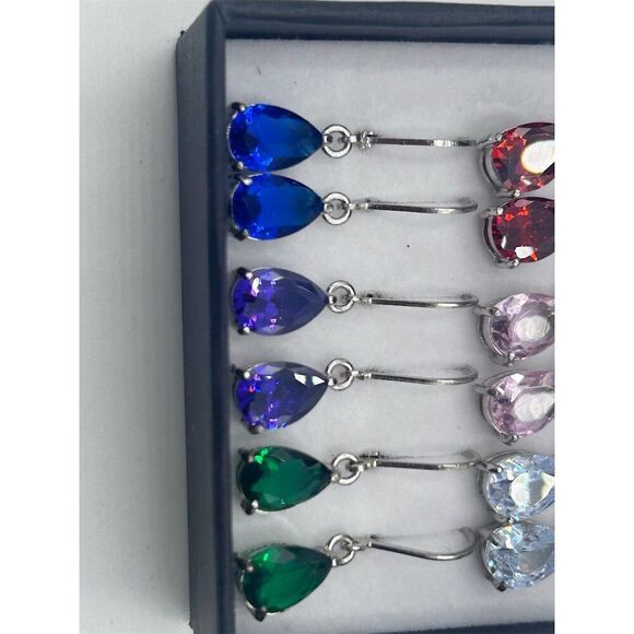 6-Pair Teardrop Cubic Zirconia Dangle Earrings Set Multicolor - Picture 2 of 3
